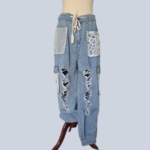 POL NWOT Crochet Patchwork Denim Joggers Distressed Cargo Jeans Size Medium